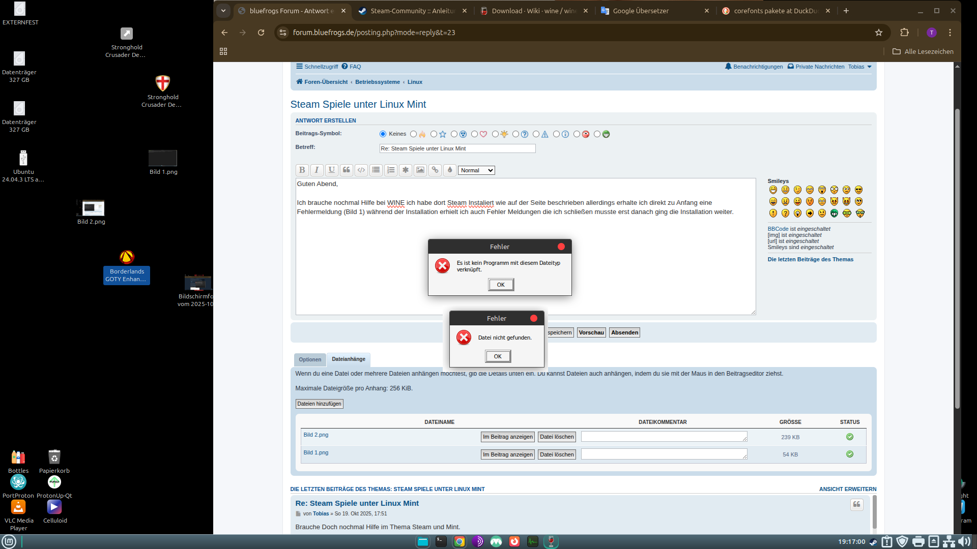 Fehlermeldungen bezüglich starten eines Programmes (Steam WINE)